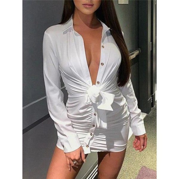 Single breasted shirt dress Women long sleeve white dress Sexy turn down collar wrap party dress ruched vestidos mujer - Hplify