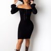 Slash Neck Off Shoulder Dress Women Long Sleeve Backless Bodycon Dresses Sexy Knee Length Slim Fashion Lace Up Vestidos Winter - Hplify