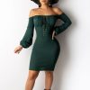 Slash Neck Off Shoulder Dress Women Long Sleeve Backless Bodycon Dresses Sexy Knee Length Slim Fashion Lace Up Vestidos Winter - Hplify