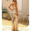 Sleeveless High Slit Long Dress Women  V Neck Spaghetti Strap Seuined Party Dress Elegant Robe Femme - Hplify