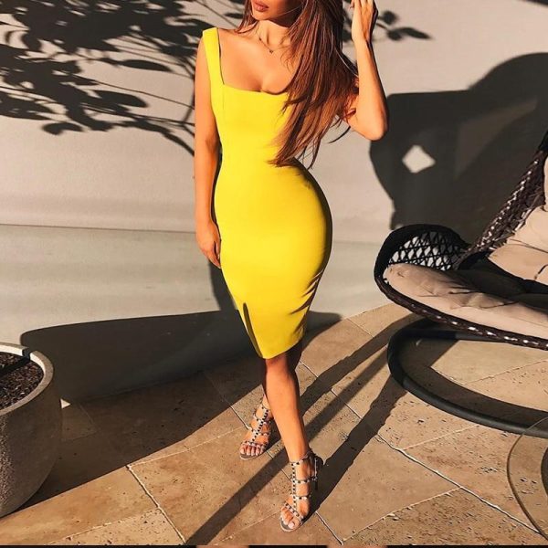 Sleeveless square collar yellow bodycon dress women Spaghetti strap tight dress party summer dress Vestidos femme - Hplify