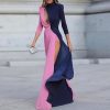 Slit Long Maxi Dress Women Winter Color Patchwork Long Sleeve Dress - Hplify