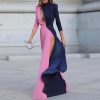 Slit Long Maxi Dress Women Winter Color Patchwork Long Sleeve Dress - Hplify