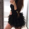 Solid Black Mesh Insert Spliced Mini Dress Women Buttoned Long Sleeve Party Dress - Hplify