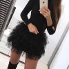 Solid Black Mesh Insert Spliced Mini Dress Women Buttoned Long Sleeve Party Dress - Hplify