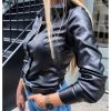 Solid Black Pu Leather T Shirt Women Single Breasted Slim Tshirt Streetwear Autumn Fashion Leather Tops Blusa Mujer - Hplify