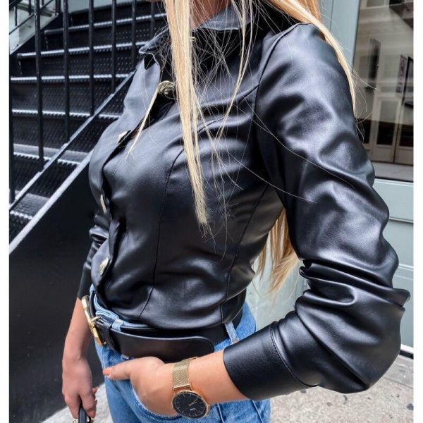 Solid Black Pu Leather T Shirt Women Single Breasted Slim Tshirt Streetwear Autumn Fashion Leather Tops Blusa Mujer - Hplify