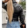 Solid Black Pu Leather T Shirt Women Single Breasted Slim Tshirt Streetwear Autumn Fashion Leather Tops Blusa Mujer - Hplify