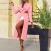 Solid Color Pink Long Sleeve Dress Women Holllow Out Waist Split  Midi Dress Elegant Ladies Workwear Office Robe Femme - Hplify