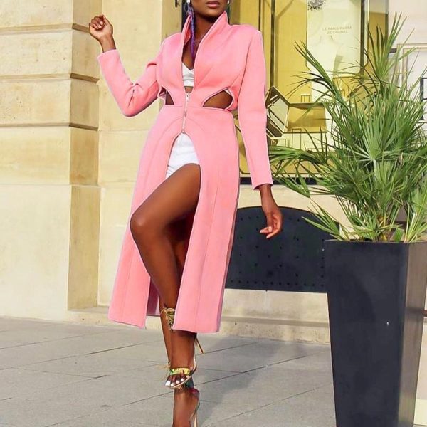 Solid Color Pink Long Sleeve Dress Women Holllow Out Waist Split  Midi Dress Elegant Ladies Workwear Office Robe Femme - Hplify