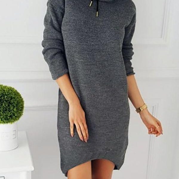 Solid Crew Neck Long Sleeve Casual Mini Dress Autumn Pullover Dress Casual Loose Straight Solid Color Dress Women - Hplify