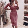 Solid Deep V-neck Bodycon Dress Women Long Sleeve Dress Winter Elegant Office Ladies Midi Pencil Dresses - Hplify
