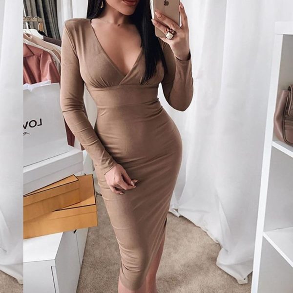 Solid Deep V-neck Bodycon Dress Women Long Sleeve Dress Winter Elegant Office Ladies Midi Pencil Dresses - Hplify