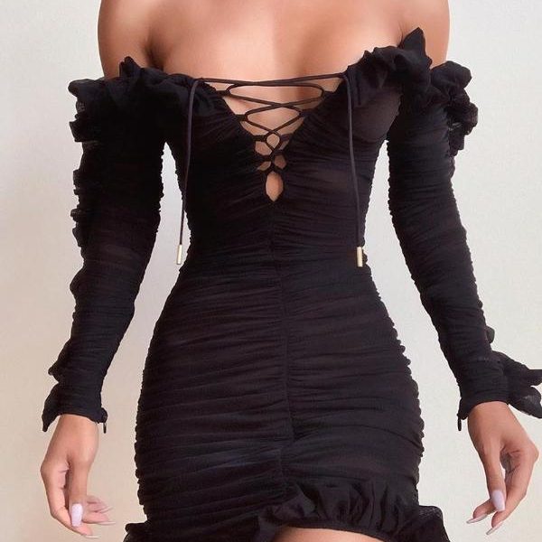 Solid Lace-Up Off Shoulder Ruffles Ruched Dress - Hplify