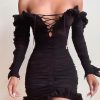 Solid Lace-Up Off Shoulder Ruffles Ruched Dress - Hplify