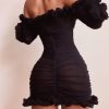 Solid Lace-Up Off Shoulder Ruffles Ruched Dress - Hplify