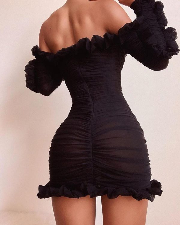Solid Lace-Up Off Shoulder Ruffles Ruched Dress - Hplify