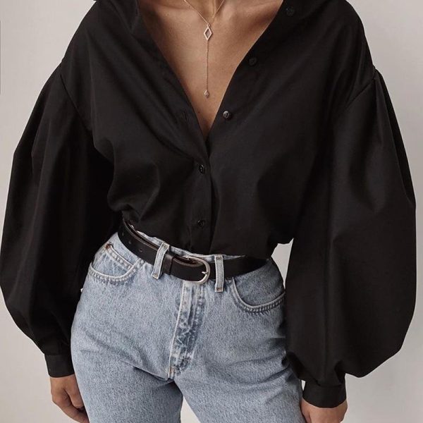 Solid Lantern Sleeve Casual Shirt Women solid black long sleeve t shirt turn down collar tee shirts streetwear fashion blusas - Hplify