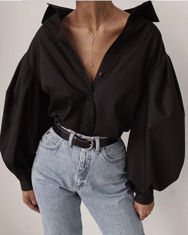 Solid Lantern Sleeve Casual Shirt Women solid black long sleeve t shirt turn down collar tee shirts streetwear fashion blusas - Hplify