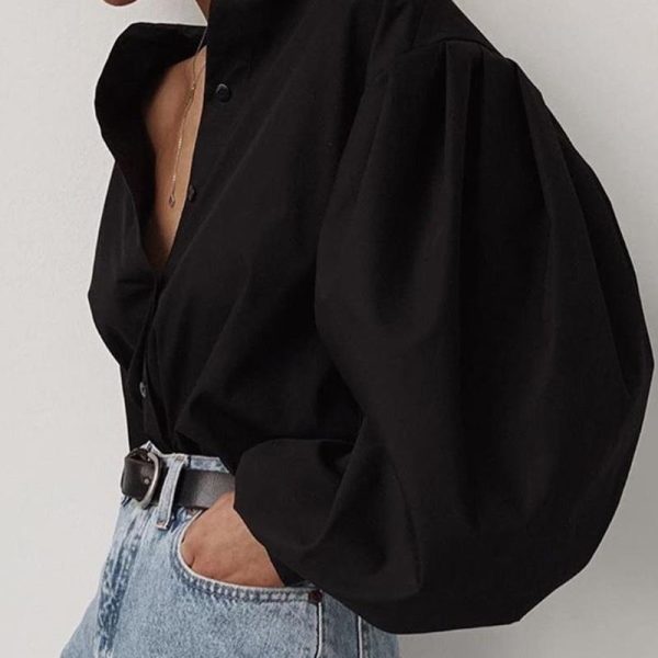 Solid Lantern Sleeve Casual Shirt Women solid black long sleeve t shirt turn down collar tee shirts streetwear fashion blusas - Hplify