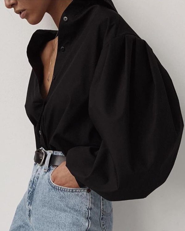 Solid Lantern Sleeve Casual Shirt Women solid black long sleeve t shirt turn down collar tee shirts streetwear fashion blusas - Hplify