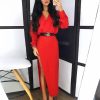 Solid Long Sleeve Slit Maxi Dress Women V Neck Red Black White Long Dress Casual Loose Spring Plunge Dresses Robe Femme - Hplify