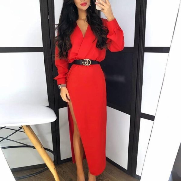Solid Long Sleeve Slit Maxi Dress Women V Neck Red Black White Long Dress Casual Loose Spring Plunge Dresses Robe Femme - Hplify