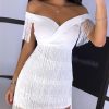 Solid Off Shoulder Tassel Design Dress women white tassel details mini dresses club party dresses vestidos - Hplify