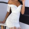 Solid Off Shoulder Tassel Design Dress women white tassel details mini dresses club party dresses vestidos - Hplify