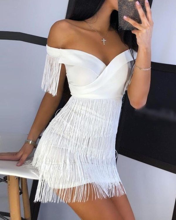 Solid Off Shoulder Tassel Design Dress women white tassel details mini dresses club party dresses vestidos - Hplify
