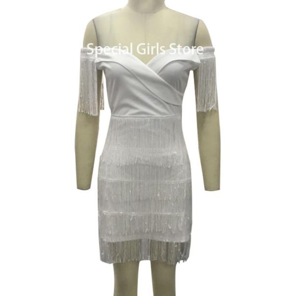 Solid Off Shoulder Tassel Design Dress women white tassel details mini dresses club party dresses vestidos - Hplify