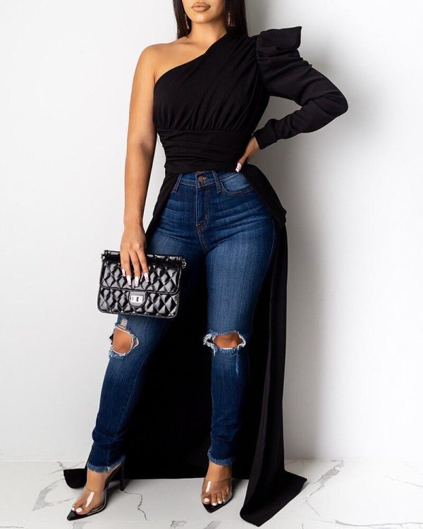 Solid One Shoulder Dip Hem Blouse - Hplify