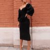 Solid Puff Sleeve Midi Dress Women Strapless Long Sleeve Dress Elegant Ladies Bodycon Party Dresses Black Wine Red Vestidos Robe - Hplify