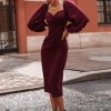 Solid Puff Sleeve Midi Dress Women Strapless Long Sleeve Dress Elegant Ladies Bodycon Party Dresses Black Wine Red Vestidos Robe - Hplify
