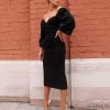 Solid Puff Sleeve Midi Dress Women Strapless Long Sleeve Dress Elegant Ladies Bodycon Party Dresses Black Wine Red Vestidos Robe - Hplify