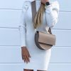 Solid Ribbed Puff Sleeve Bodycon Dress women white mini pencil dress - Hplify