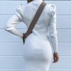 Solid Ribbed Puff Sleeve Bodycon Dress women white mini pencil dress - Hplify