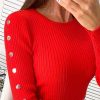 Solid Ribbed Round Neck Buttoned Detail Shirt Women Solid Red Long Sleeve T Shirt - Hplify