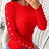 Solid Ribbed Round Neck Buttoned Detail Shirt Women Solid Red Long Sleeve T Shirt - Hplify