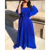 Solid Ruffles Off Shoulder Pleated Dress Women Solid Color Blue Summer Dress Elegant High Waist Maxi Dresses Robe Femme - Hplify