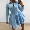 Solid Single Breasted A-Line Shirt Dress Women Long Sleeve Turn Down Collar Pleated Dress Winter Short Vestidos - Hplify