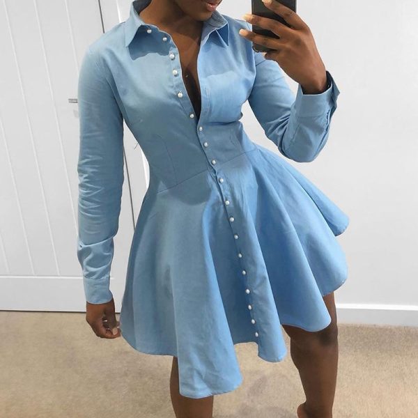 Solid Single Breasted A-Line Shirt Dress Women Long Sleeve Turn Down Collar Pleated Dress Winter Short Vestidos - Hplify