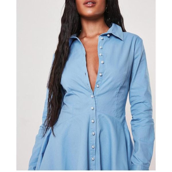 Solid Single Breasted A-Line Shirt Dress Women Long Sleeve Turn Down Collar Pleated Dress Winter Short Vestidos - Hplify