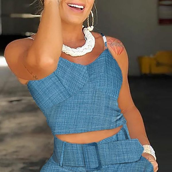 Solid Spaghetti Strap Top & Short Sets Women Two Piece Set Summer Outfits Tracksuit With Belt Solid Color Blue 2 Piece Outfits - Hplify