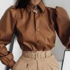 Solid Turn-down Collar Puff Sleeve Buttoned PU Shirt - Hplify