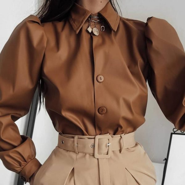 Solid Turn-down Collar Puff Sleeve Buttoned PU Shirt - Hplify