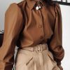Solid Turn-down Collar Puff Sleeve Buttoned PU Shirt - Hplify