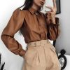 Solid Turn-down Collar Puff Sleeve Buttoned PU Shirt - Hplify