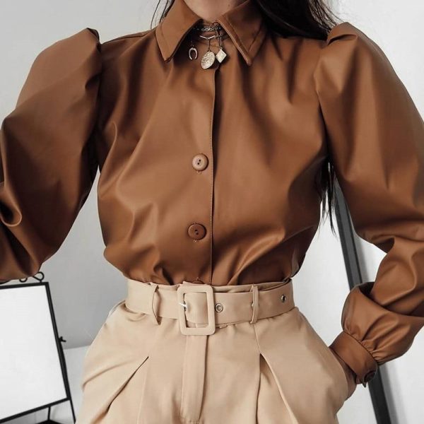 Solid Turn-down Collar Puff Sleeve Buttoned PU Shirt - Hplify