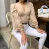 Solid Women Long Sleeve T Shirt Summer Casual Tops V-neck Button Lantern Sleeve TShirt Elegant Office Workwear Top Blusa Mujer - Hplify